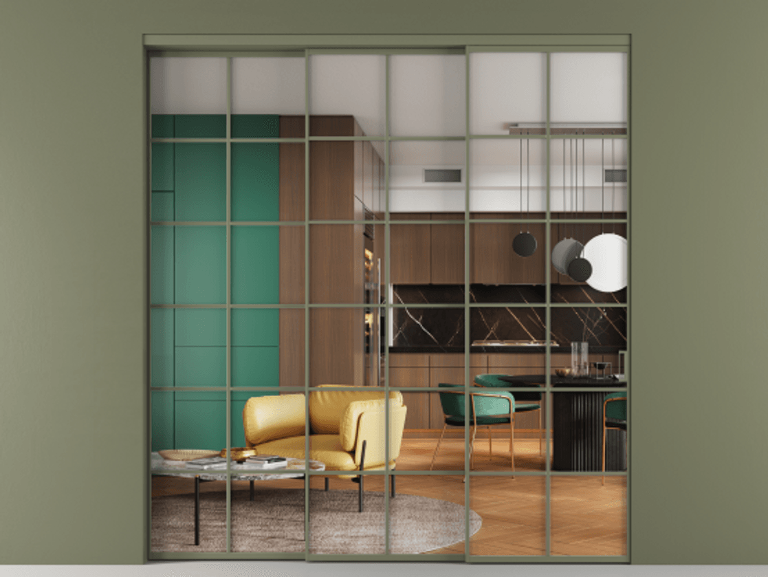 Перегородка Формато внутри проёма 3 створки с синхронным механизмом АЛПР 040.05 Алюминий оливковый тёмный Прозрачное стекло "Кристал Вижн", калёное Цена 397320 ₽  | Volhovec