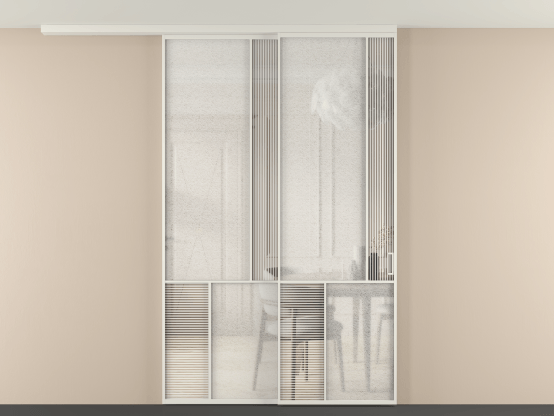 Алюминевая перегородка vdt2_1 БЕЛ. Цвет Алюминий Белый. Материал Алюминий. Коллекция Перегородка Mosaic вдоль стены на потолок 2 створки с синхронным механизмом. Картинка.